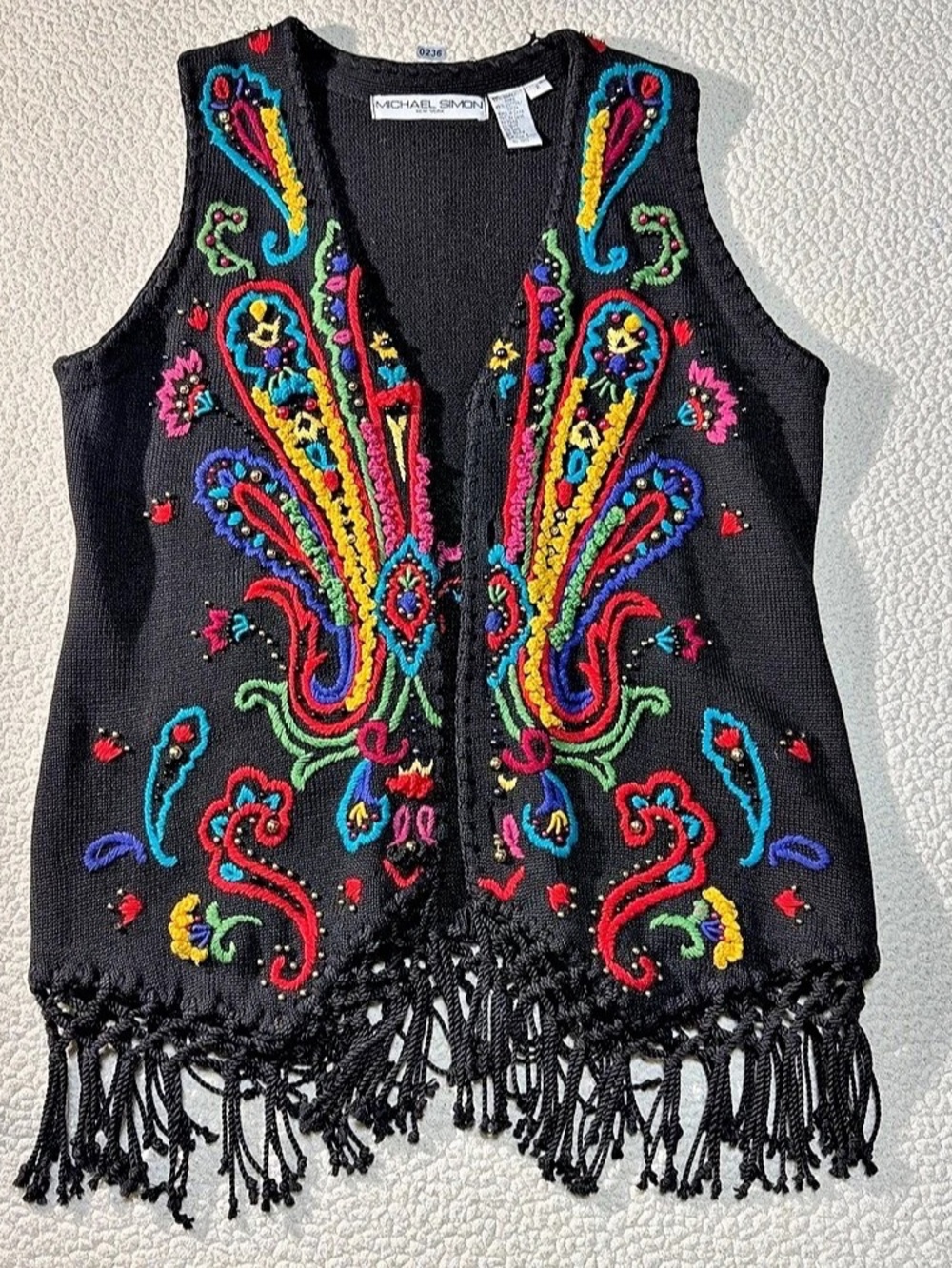 Michael Simon Vintage Embroidered Paisley Fringe Vest Black Medium